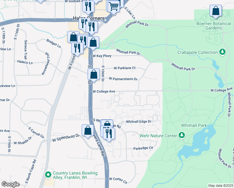 map of restaurants, bars, coffee shops, grocery stores, and more near 10455 Plum Tree Circle in Hales Corners