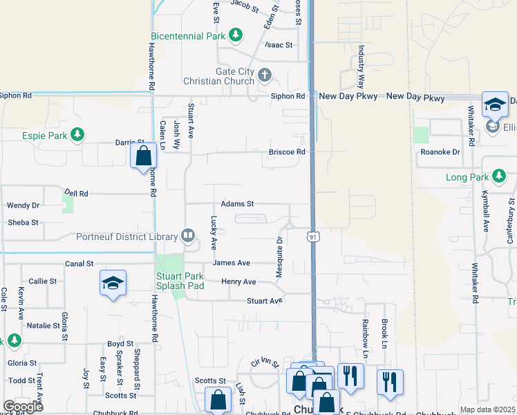 map of restaurants, bars, coffee shops, grocery stores, and more near 245 Adams Street in Chubbuck
