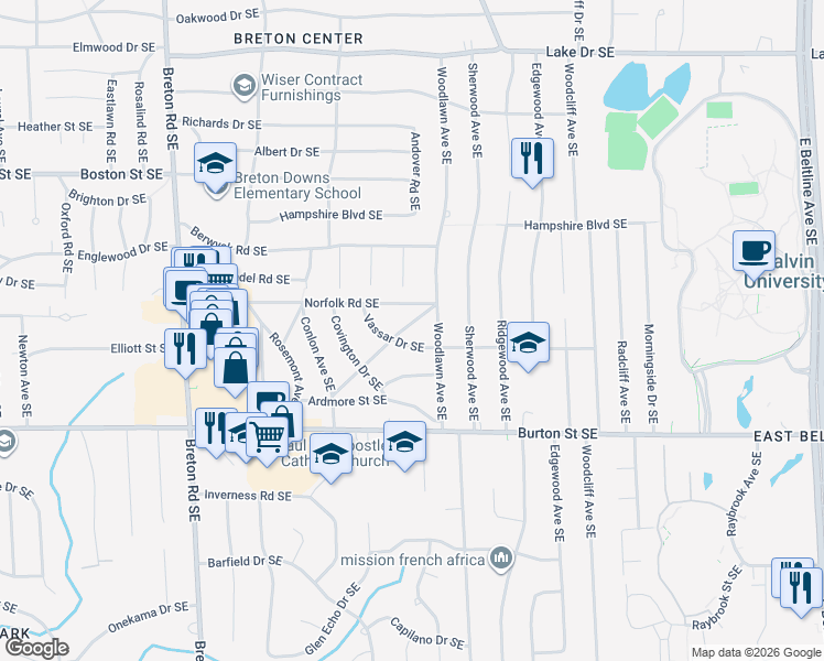 map of restaurants, bars, coffee shops, grocery stores, and more near 2738 Colton Drive Southeast in Grand Rapids