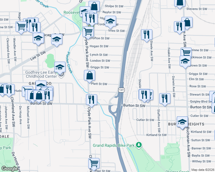 map of restaurants, bars, coffee shops, grocery stores, and more near 636 Plett Street Southwest in Grand Rapids