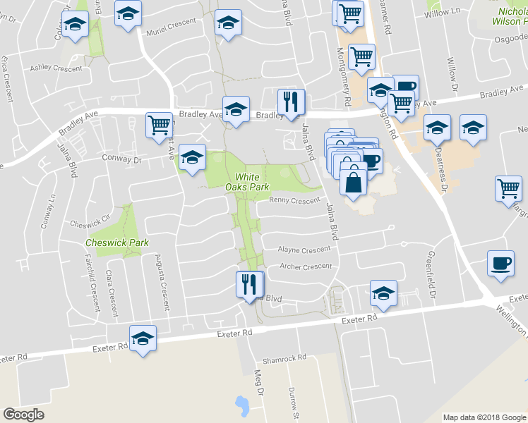 map of restaurants, bars, coffee shops, grocery stores, and more near 55 Renny Crescent in London