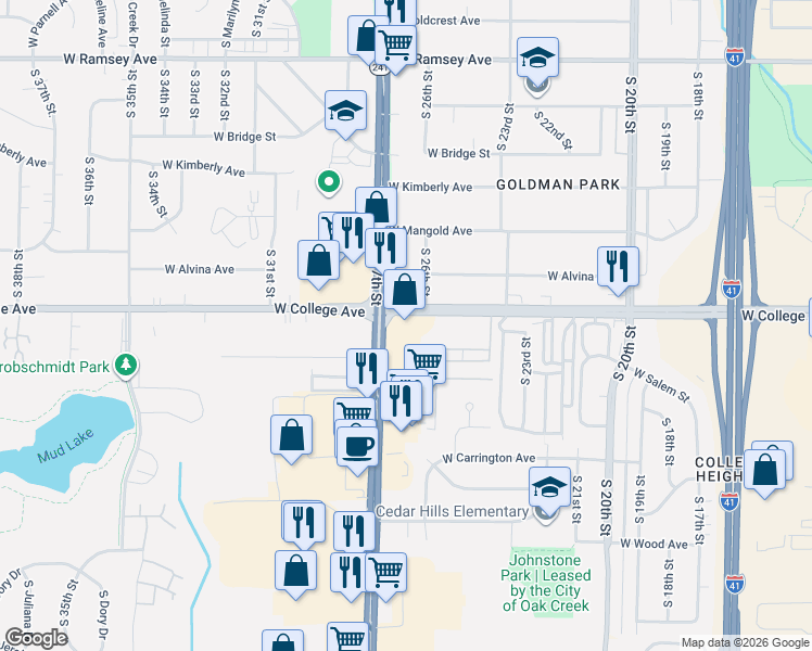 map of restaurants, bars, coffee shops, grocery stores, and more near 6300 South 27th Street in Oak Creek