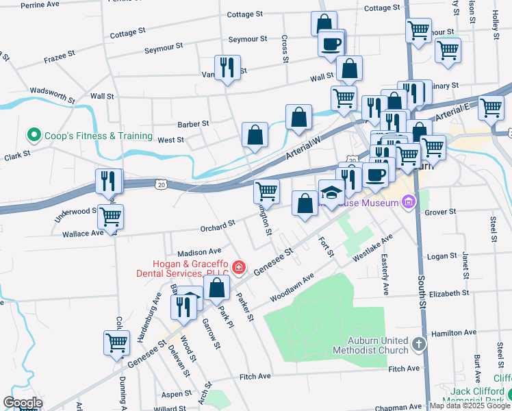 map of restaurants, bars, coffee shops, grocery stores, and more near 29 Washington Street in Auburn