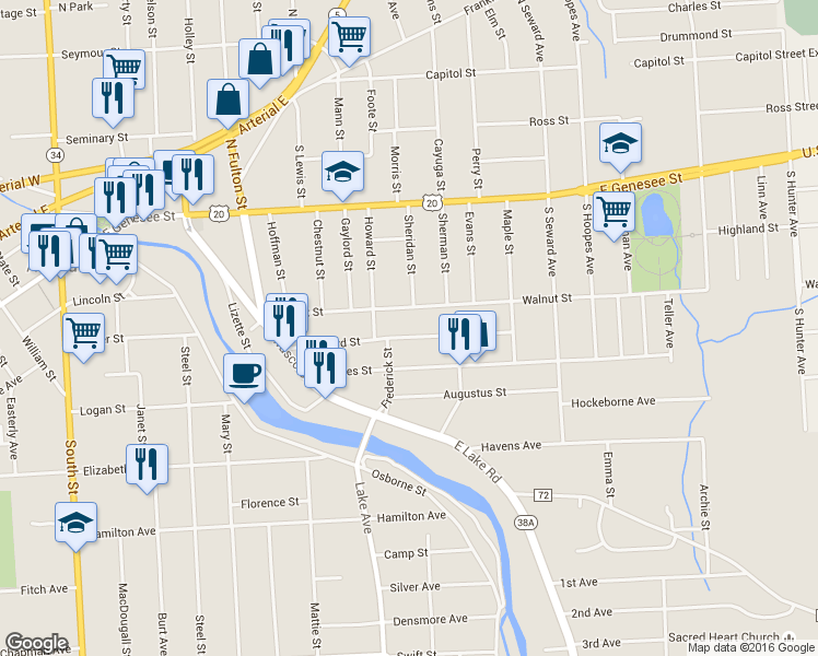 map of restaurants, bars, coffee shops, grocery stores, and more near 55 Bradford Street in Auburn