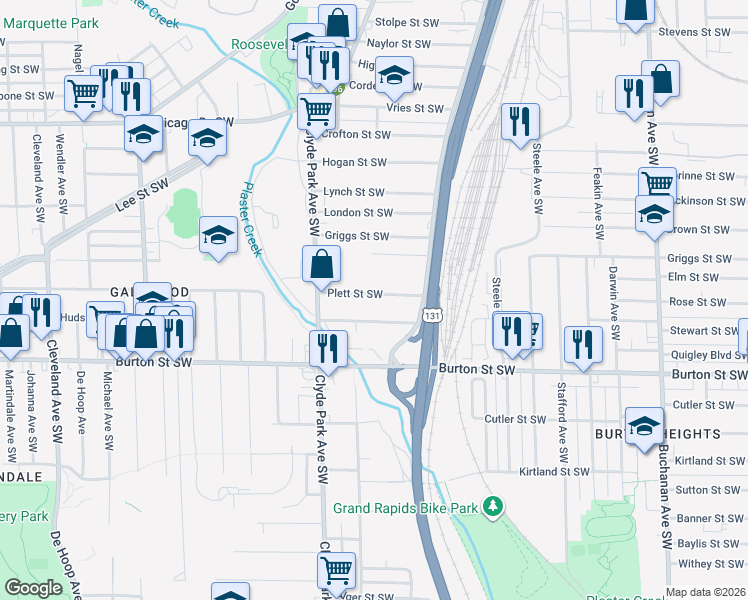 map of restaurants, bars, coffee shops, grocery stores, and more near 660 Plett Street Southwest in Grand Rapids