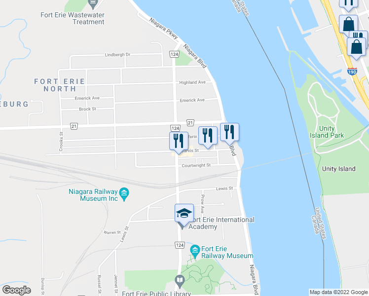 map of restaurants, bars, coffee shops, grocery stores, and more near 104 Jarvis Street in Fort Erie