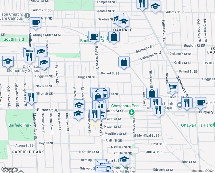 map of restaurants, bars, coffee shops, grocery stores, and more near 1834 Ruby Place Southeast in Grand Rapids