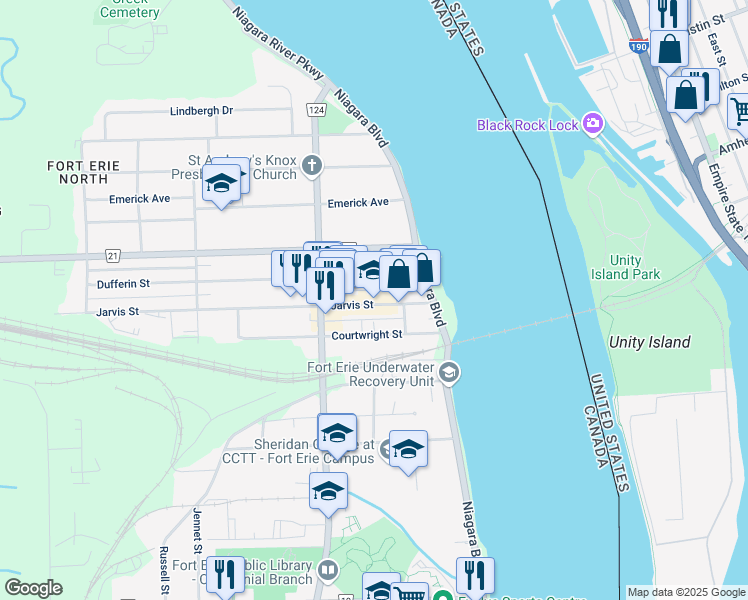 map of restaurants, bars, coffee shops, grocery stores, and more near 54 Jarvis Street in Fort Erie