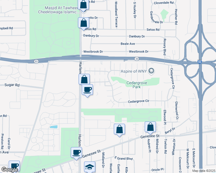 map of restaurants, bars, coffee shops, grocery stores, and more near 9 Simpson Drive in Cheektowaga