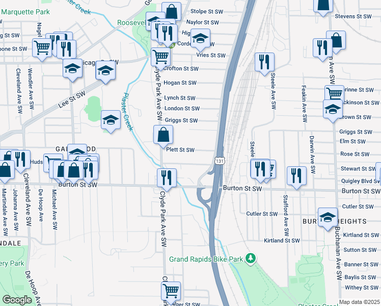 map of restaurants, bars, coffee shops, grocery stores, and more near 660 Plett Street Southwest in Grand Rapids