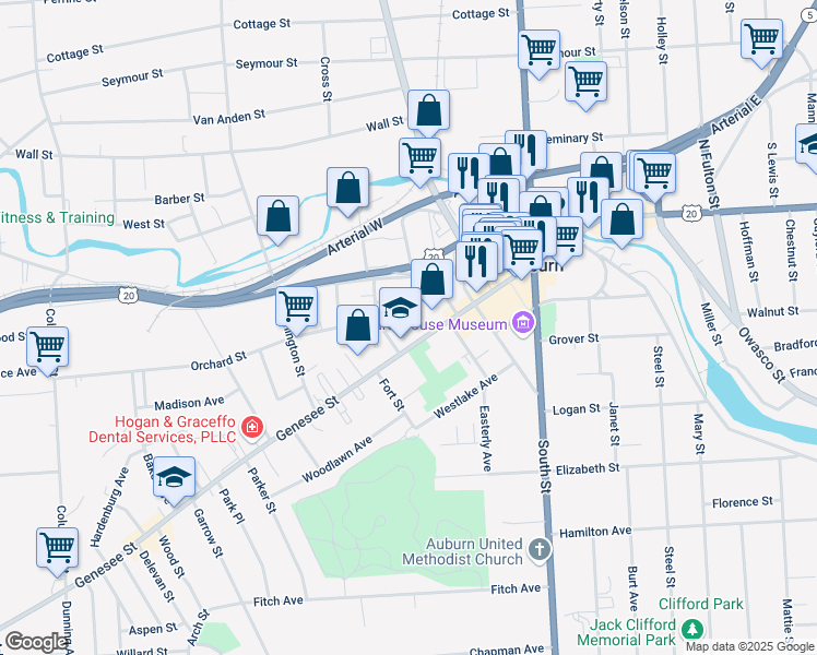 map of restaurants, bars, coffee shops, grocery stores, and more near 169 Genesee Street in Auburn