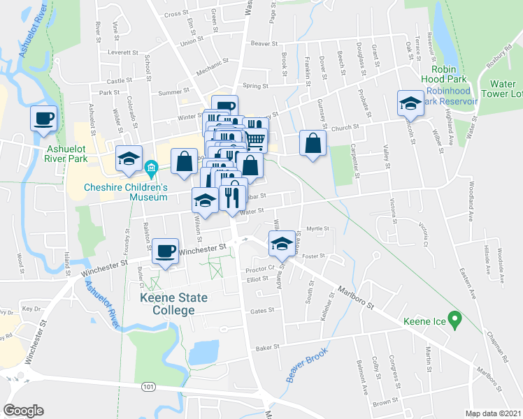 map of restaurants, bars, coffee shops, grocery stores, and more near 42 Water Street in Keene