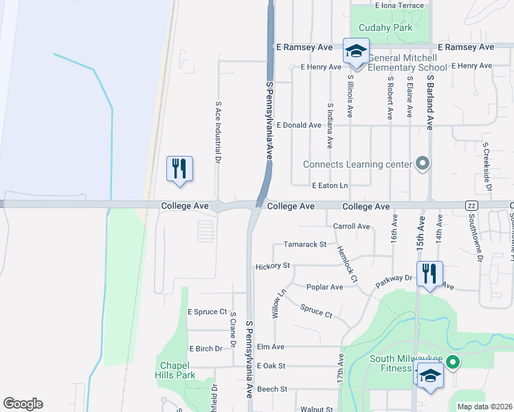 map of restaurants, bars, coffee shops, grocery stores, and more near E College Ave & Nicholson Ave in South Milwaukee