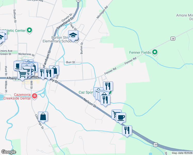 map of restaurants, bars, coffee shops, grocery stores, and more near 55 Fenner Street in Cazenovia