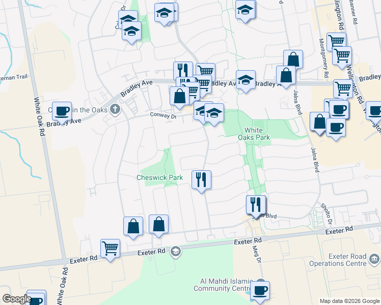 map of restaurants, bars, coffee shops, grocery stores, and more near 16 Finch Crescent in London