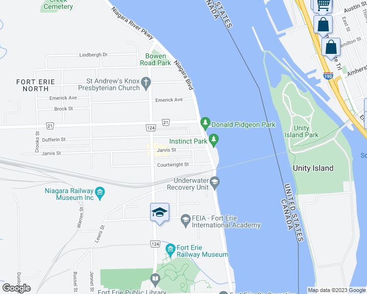 map of restaurants, bars, coffee shops, grocery stores, and more near 40 Jarvis Street in Fort Erie