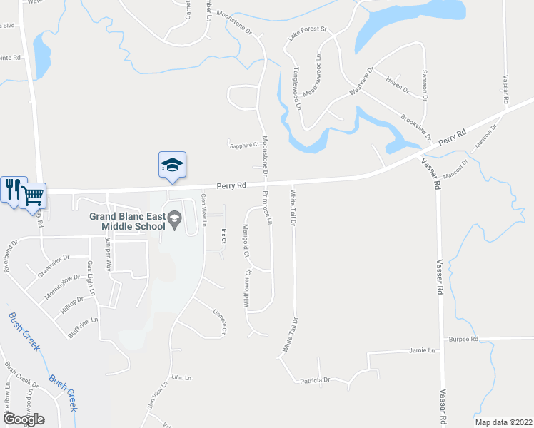 map of restaurants, bars, coffee shops, grocery stores, and more near 7063 Primrose Lane in Grand Blanc
