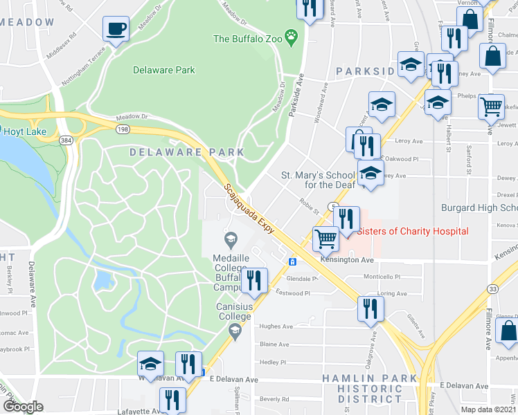 map of restaurants, bars, coffee shops, grocery stores, and more near 78 Humboldt Parkway in Buffalo