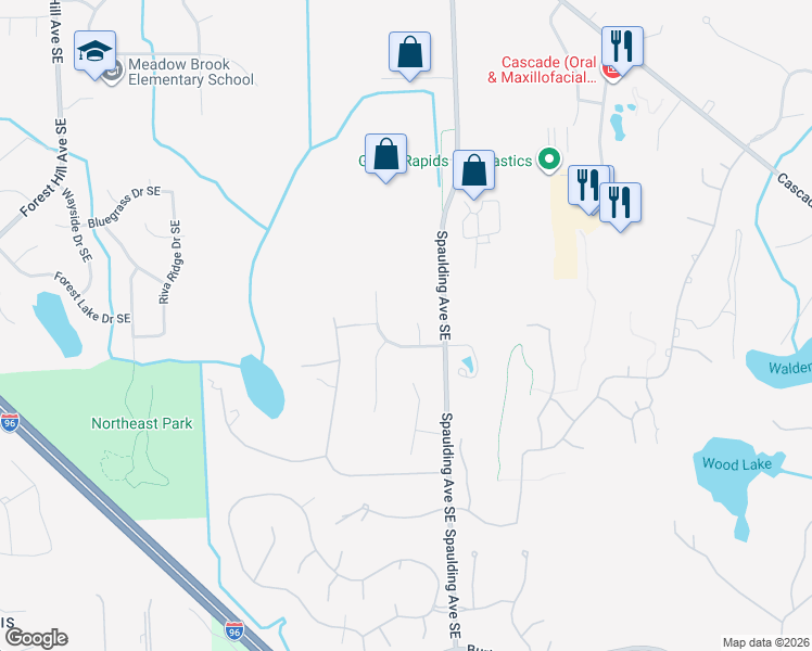 map of restaurants, bars, coffee shops, grocery stores, and more near 1867 Abbeydale Court Southeast in Grand Rapids