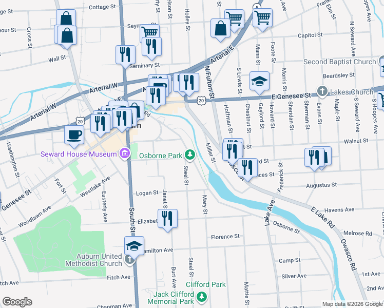 map of restaurants, bars, coffee shops, grocery stores, and more near 72 Osborne Street in Auburn
