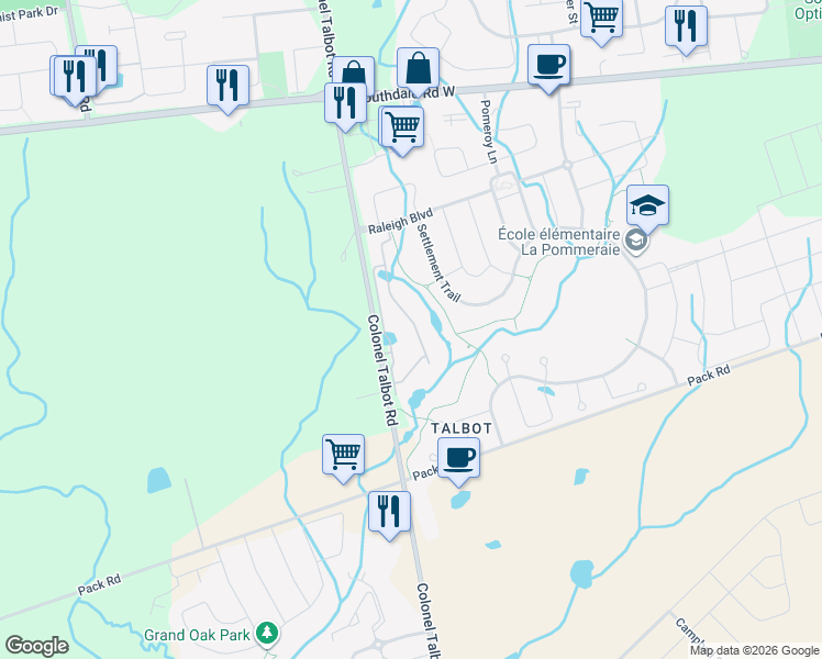 map of restaurants, bars, coffee shops, grocery stores, and more near 3278 Colonel Talbot Road in London