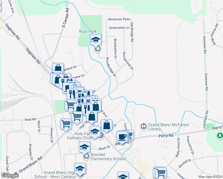 map of restaurants, bars, coffee shops, grocery stores, and more near 415 Woodbridge Drive in Grand Blanc