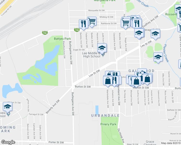 map of restaurants, bars, coffee shops, grocery stores, and more near 1441 Lee Street Southwest in Wyoming