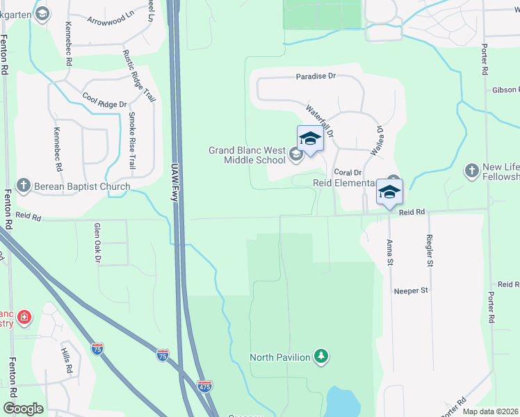 map of restaurants, bars, coffee shops, grocery stores, and more near 1421 Reid Road in Grand Blanc