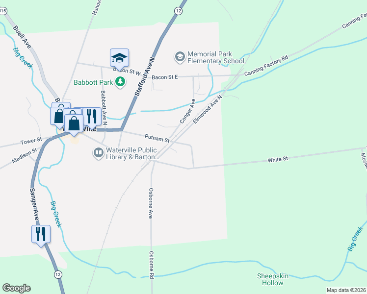 map of restaurants, bars, coffee shops, grocery stores, and more near 418 Putnam Street in Waterville