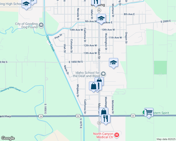 map of restaurants, bars, coffee shops, grocery stores, and more near 1447 Idaho Street in Gooding