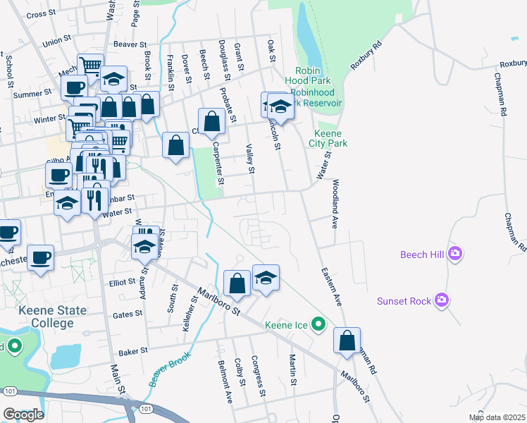 map of restaurants, bars, coffee shops, grocery stores, and more near 8 Victoria Court in Keene