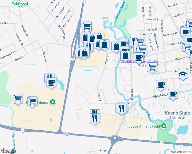 map of restaurants, bars, coffee shops, grocery stores, and more near 123 Pearl Street in Keene