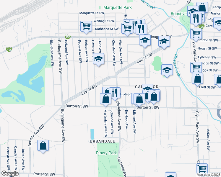 map of restaurants, bars, coffee shops, grocery stores, and more near 1910 Martindale Avenue Southwest in Wyoming
