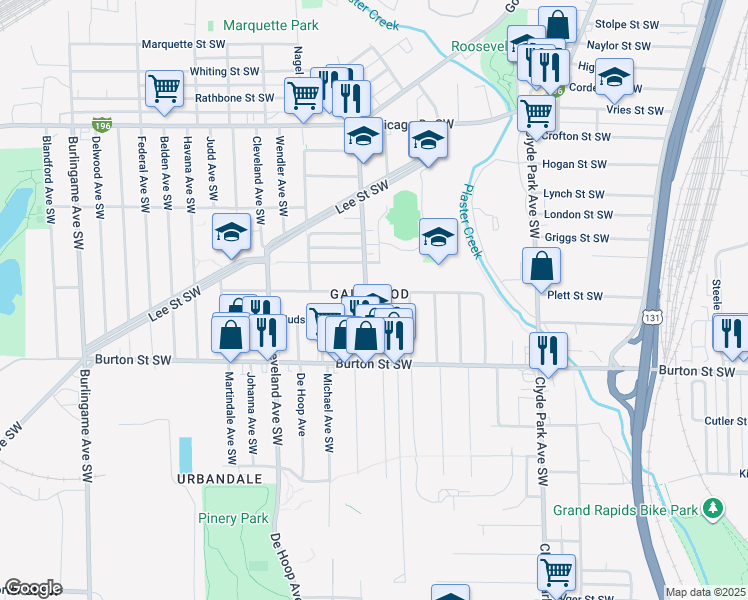 map of restaurants, bars, coffee shops, grocery stores, and more near 1902 Godfrey Ave SW in Wyoming