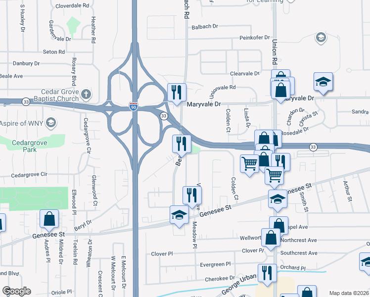 map of restaurants, bars, coffee shops, grocery stores, and more near 335 Beach Road in Buffalo