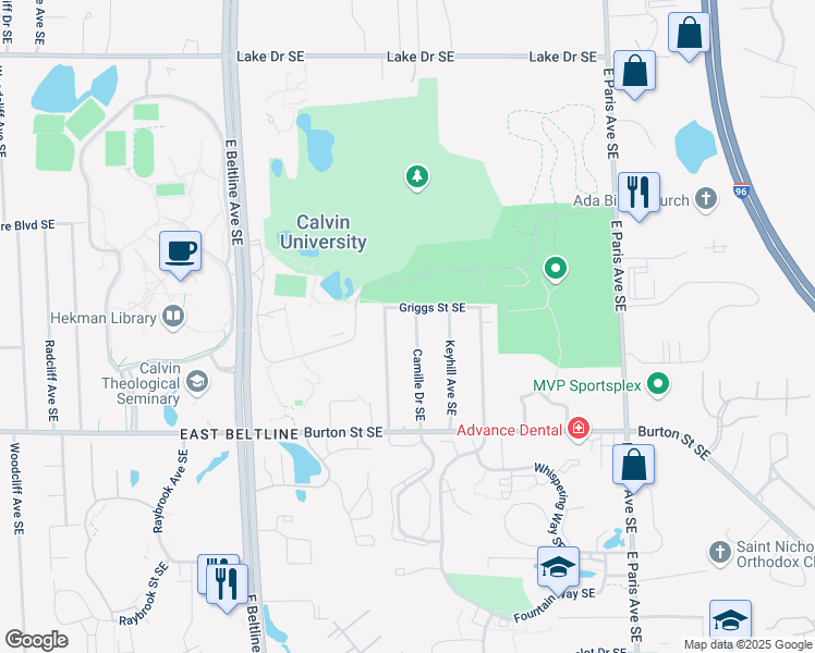 map of restaurants, bars, coffee shops, grocery stores, and more near 1827 Camille Drive Southeast in Grand Rapids