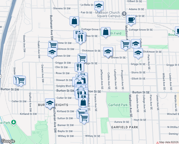 map of restaurants, bars, coffee shops, grocery stores, and more near 1840 Horton Avenue Southeast in Grand Rapids