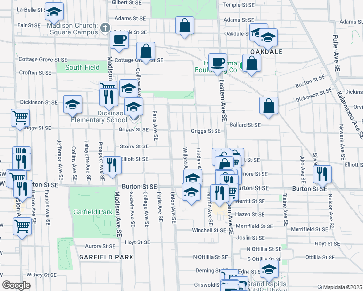 map of restaurants, bars, coffee shops, grocery stores, and more near 1831 Willard Avenue Southeast in Grand Rapids