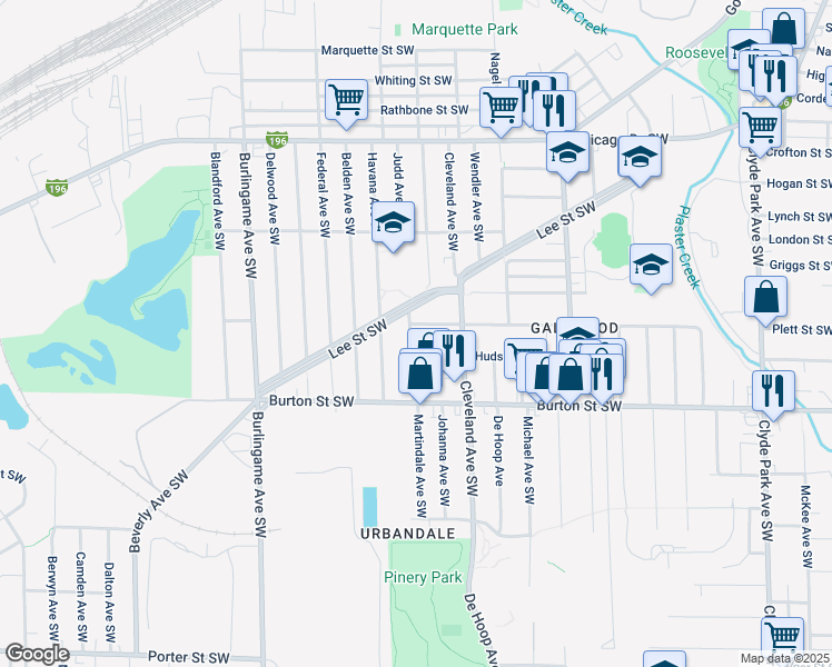 map of restaurants, bars, coffee shops, grocery stores, and more near 1910 Martindale Avenue Southwest in Wyoming