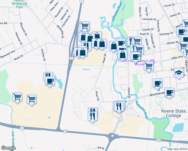 map of restaurants, bars, coffee shops, grocery stores, and more near 123 Pearl Street in Keene