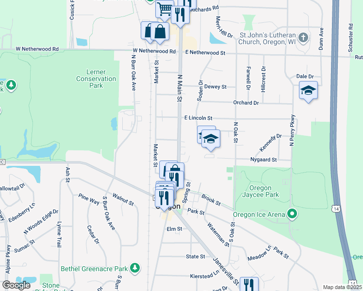 map of restaurants, bars, coffee shops, grocery stores, and more near 296 North Main Street in Oregon