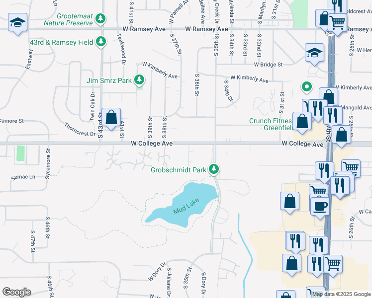 map of restaurants, bars, coffee shops, grocery stores, and more near 3659 West College Avenue in Milwaukee