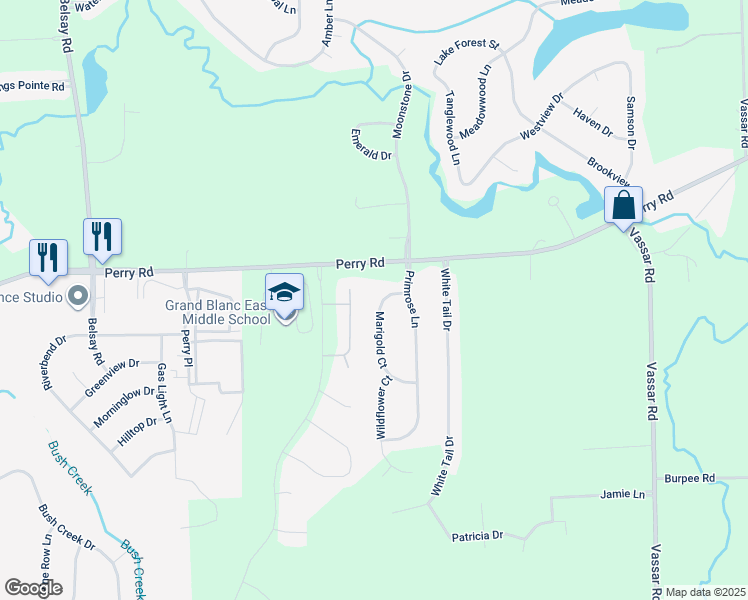 map of restaurants, bars, coffee shops, grocery stores, and more near 7018 Marigold Court in Grand Blanc