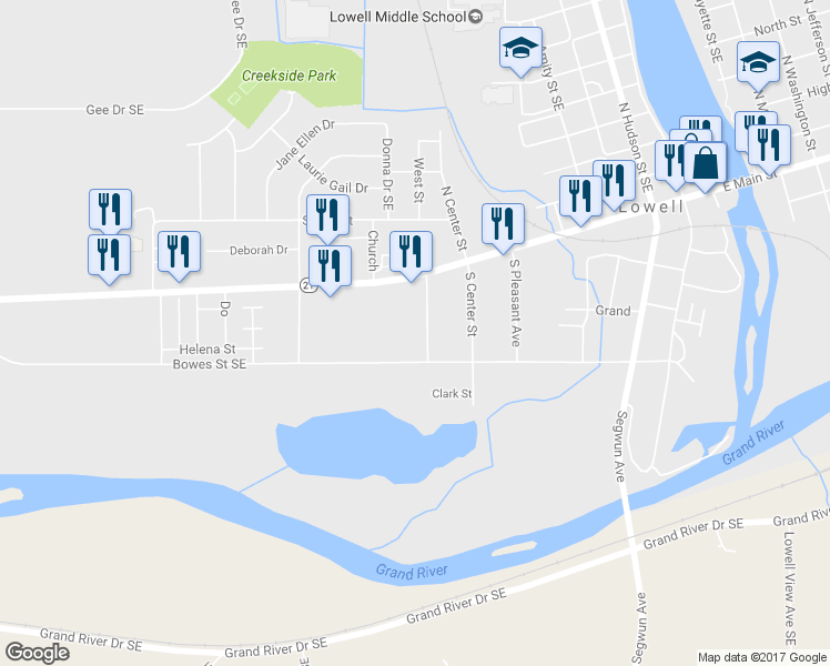 map of restaurants, bars, coffee shops, grocery stores, and more near 162 South West Avenue Southeast in Lowell