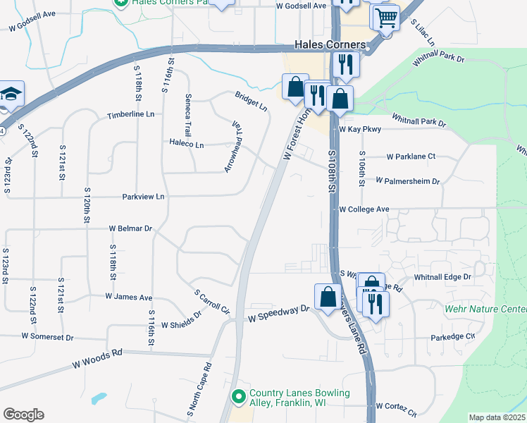 map of restaurants, bars, coffee shops, grocery stores, and more near 11100 West Forest Home Avenue in Franklin