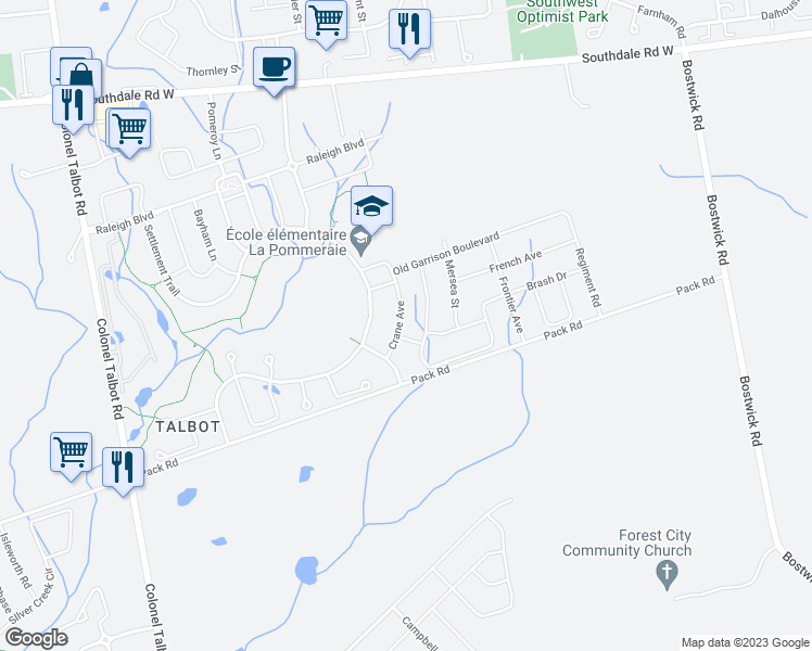 map of restaurants, bars, coffee shops, grocery stores, and more near 3356 Crane Avenue in London