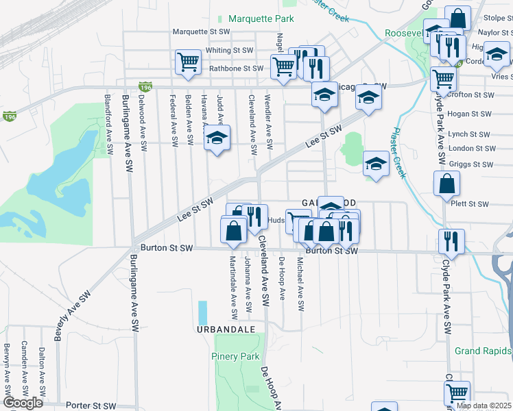 map of restaurants, bars, coffee shops, grocery stores, and more near 1248 Joosten Street Southwest in Wyoming