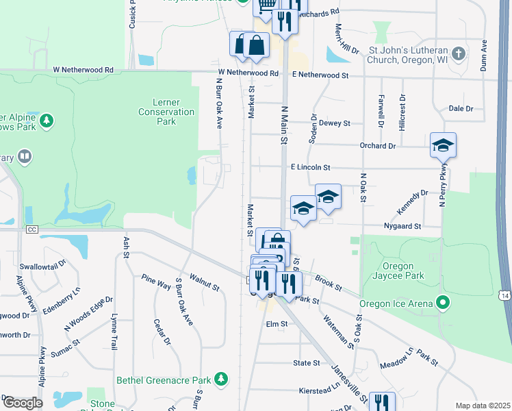 map of restaurants, bars, coffee shops, grocery stores, and more near 284 Market Street in Oregon