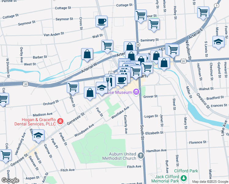 map of restaurants, bars, coffee shops, grocery stores, and more near 151 Genesee Street in Auburn