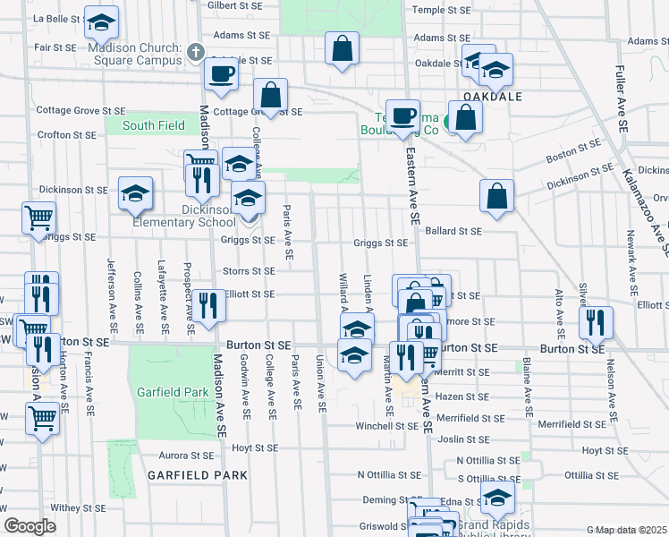 map of restaurants, bars, coffee shops, grocery stores, and more near 1831 Willard Avenue Southeast in Grand Rapids